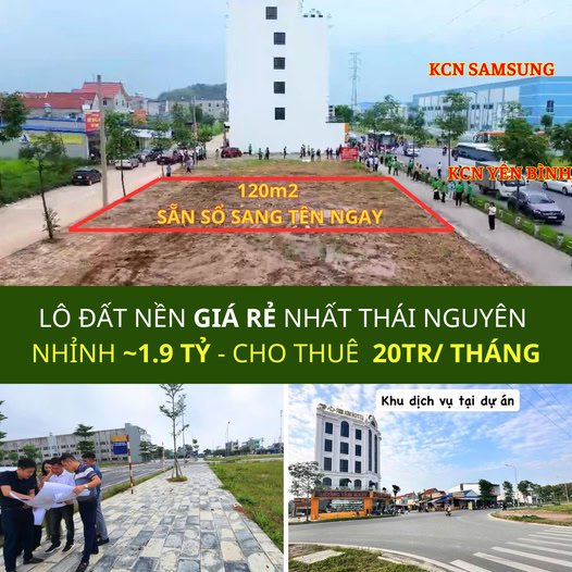 Đất nền 2 mặt tiền 6m, sổ đỏ vĩnh viễn, ngay cổng khu công nghiệp SamSung, Thái Nguyên, giá nhỉnh 2 tỷ