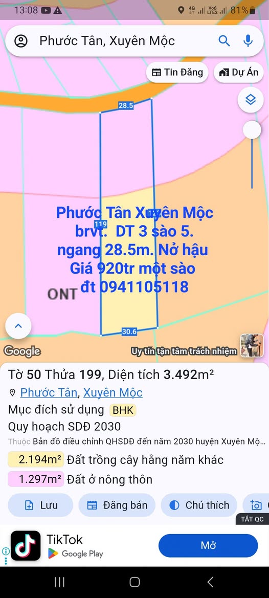 Bán đất xã Phước Tân, Xuyên Mộc, Bà Rịa - Vũng Tàu - 3.5 sào, mặt tiền 28.5m
