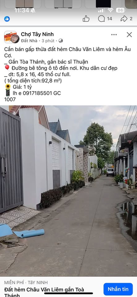 Đất vàng Châu Văn Liêm, Âu Cơ 5,8mx26,45m, 1 tỷ, ô tô tới nơi