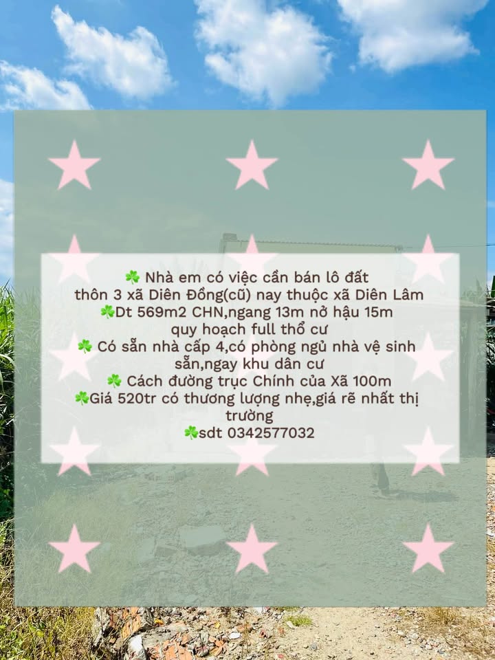 Bán đất thổ cư 569m2, ngang 13m nở hậu 15m, xã Diên Lâm, Khánh Hòa