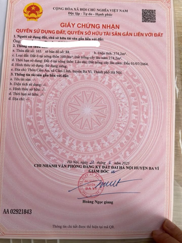 Bán đất thổ cư 374m2 tại Ba Vì, Hà Nội - Giá đầu tư hấp dẫn