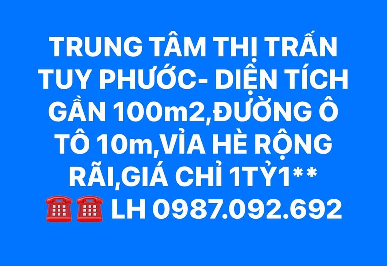 Trung tâm Tuy Phước - Gần 100m2, vỉa hè rộng rãi, giá chỉ 1.1 tỷ
