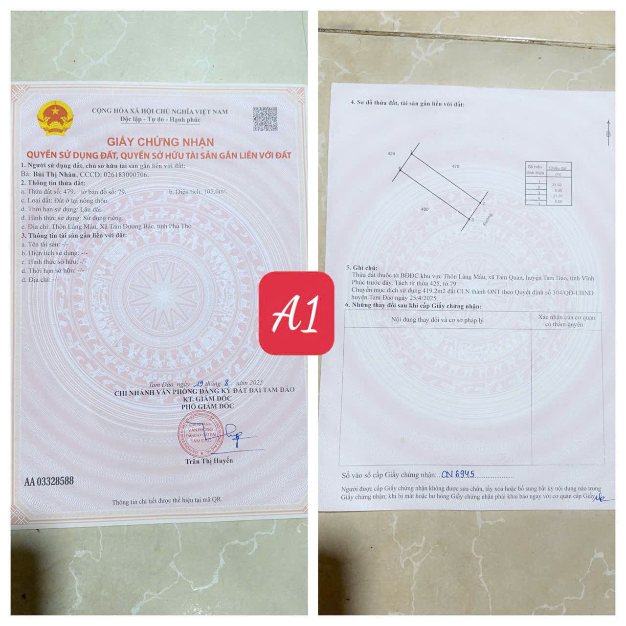 Bán 2 lô đất thổ cư 105m2, mặt tiền 5m tại Làng Mấu, Tam Quan, Sông Lô, Vĩnh Phúc