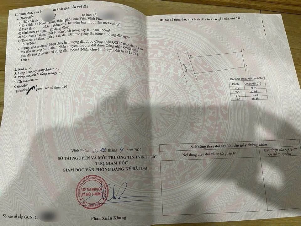 Bán đất 275m2, mặt tiền 9.61m, gần Hồ Đại Lải, Vĩnh Phúc