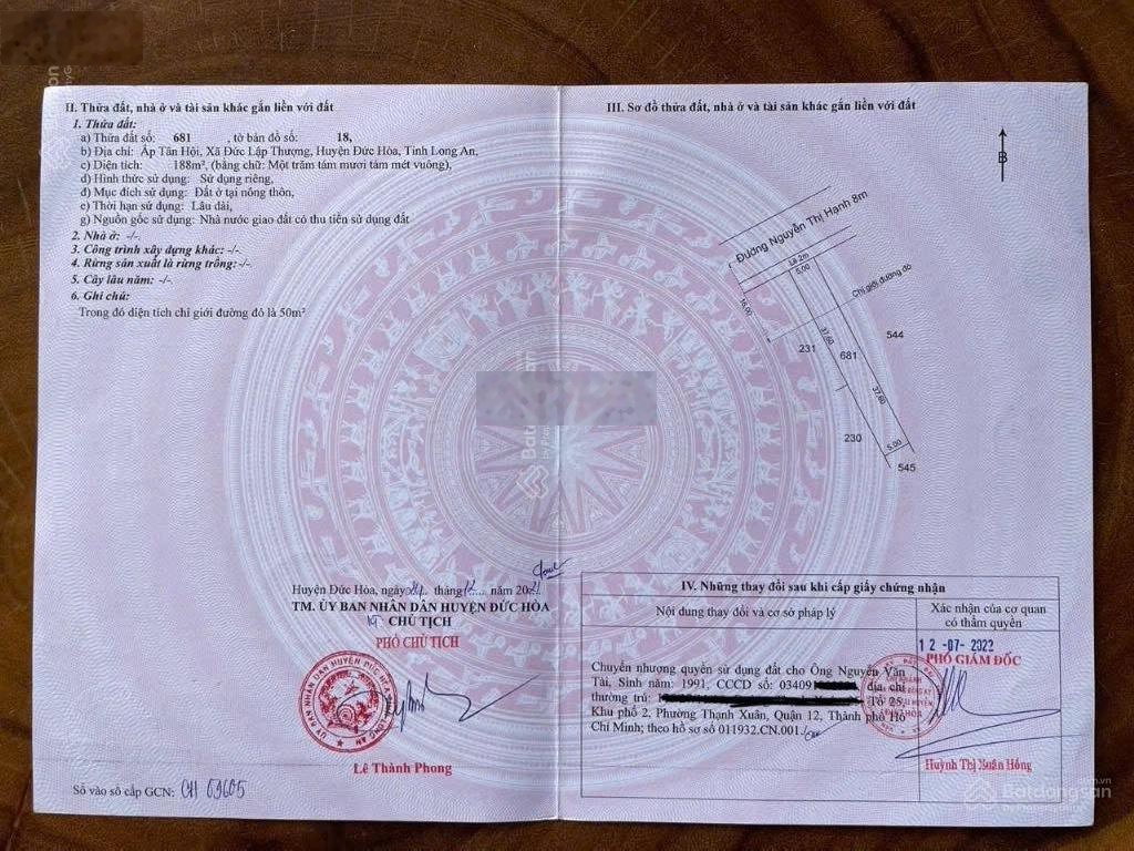 Bán lô đất 530m2 full thổ cư mặt tiền Nguyễn Thị Hạnh đối diện Vinhomes Hậu Nghĩa