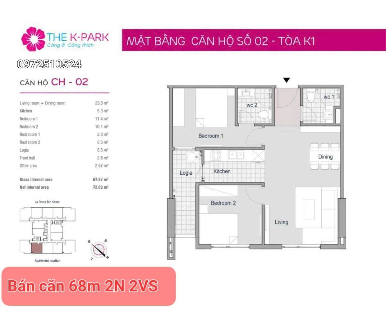 Bán căn hộ The Kpark Văn Phú, 68m2, 2 phòng ngủ, giá chỉ hơn 5 tỷ
