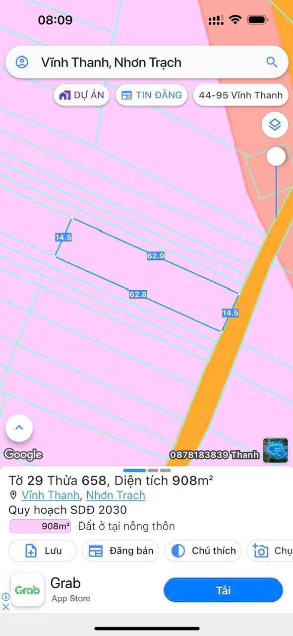 Bán đất Vĩnh Thanh, Nhơn Trạch 908m2, mặt tiền 14,5m, đường xe tải