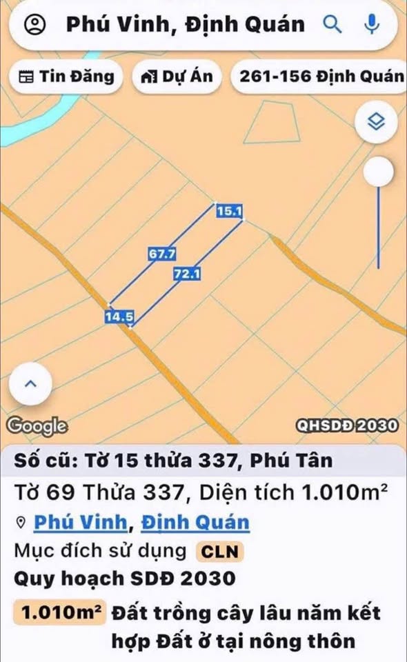 Bán 1000m² đất vườn mặt tiền đường xe hơi tại Phú Tân, Định Quán, Đồng Nai