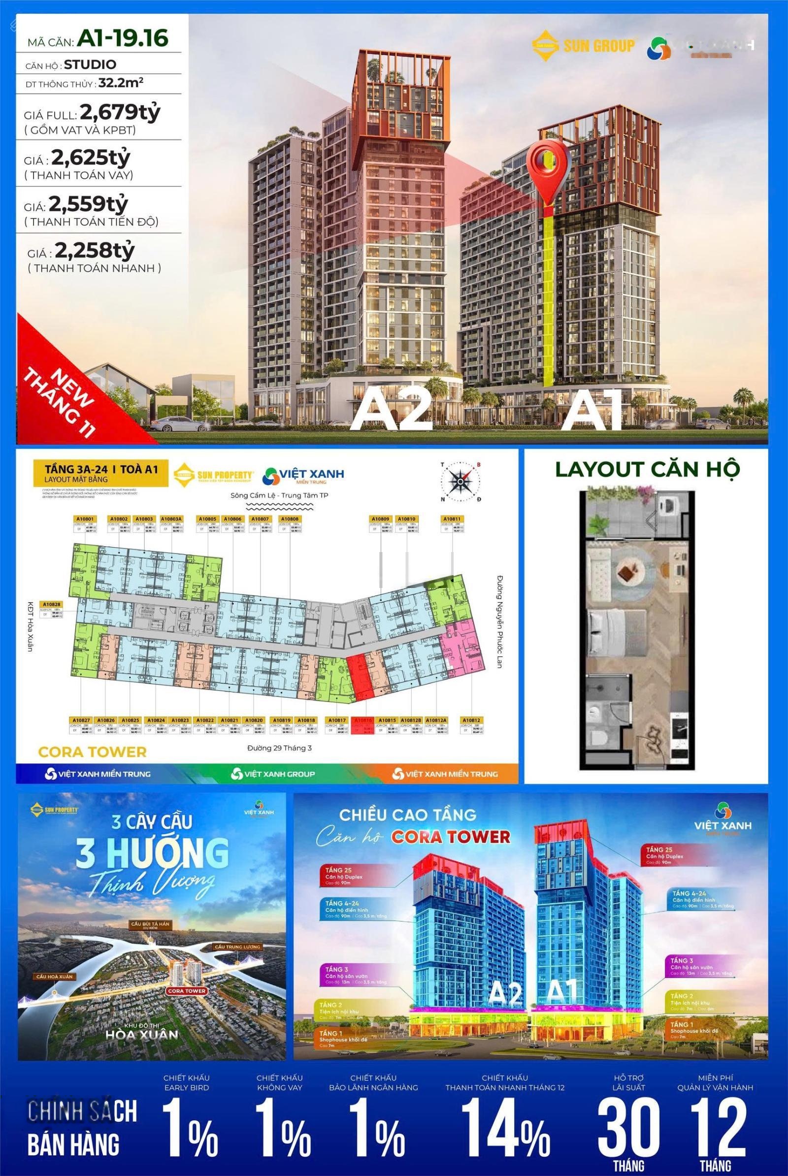 Bán CH Studio A1 19.16 Cora Tower, 32,2m2, 2,258 tỷ ở Đường 29/3, Hòa Xuân, Đà Nẵng
