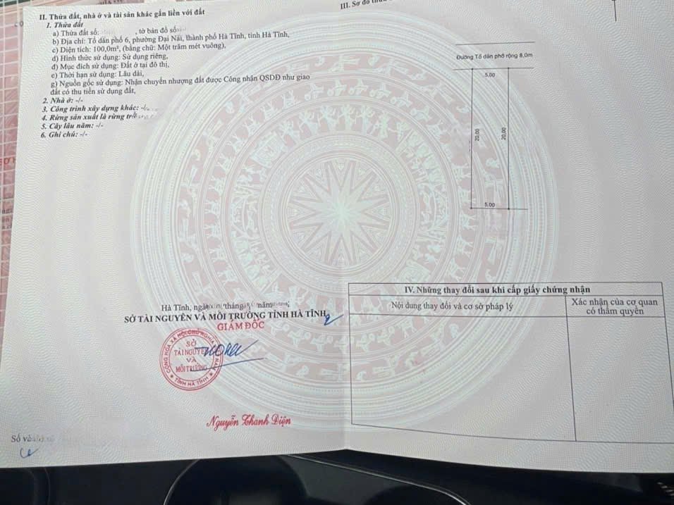 Bán đất nền 100m² tại phường Đại Nài, thành phố Hà Tĩnh, đường 8m, gần ủy ban và trường học