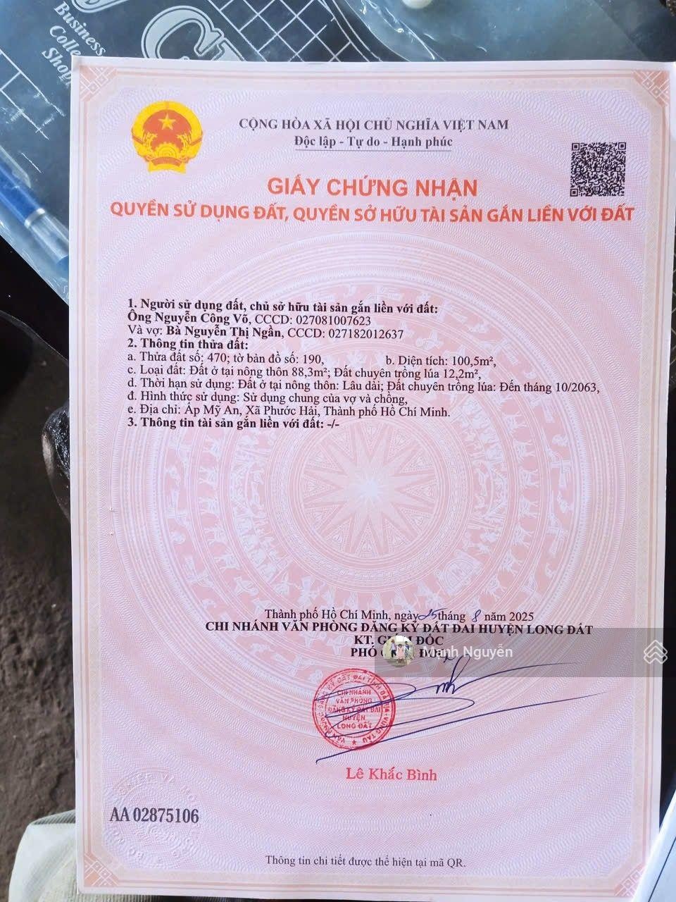 Chính chủ gửi bán nhanh 3 lô sát TL44B khu dân cư xã Phước Hải. BRVT bán kính 1,5km ra tới TL44B