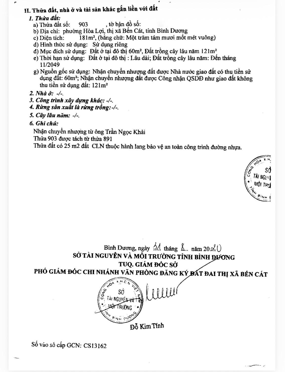 Bán Đất 181m2 thị xã Bến Cát, phường Hòa Lợi