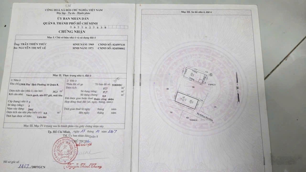 Bán nhà hẻm Phú Định Quận 8 - DT sàn 35,3m2 - Sổ hồng riêng, giá tốt