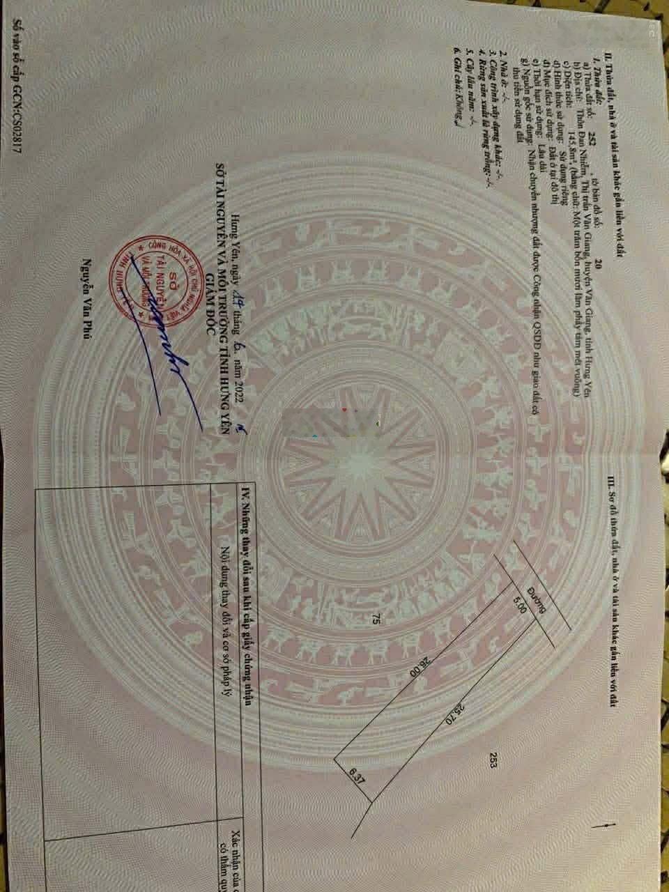 Chính chủ bán đất thôn Đan Nhiễm TT Văn Giang 145,8m2, mặt tiền 5m, đường ô tô vào tận nơi