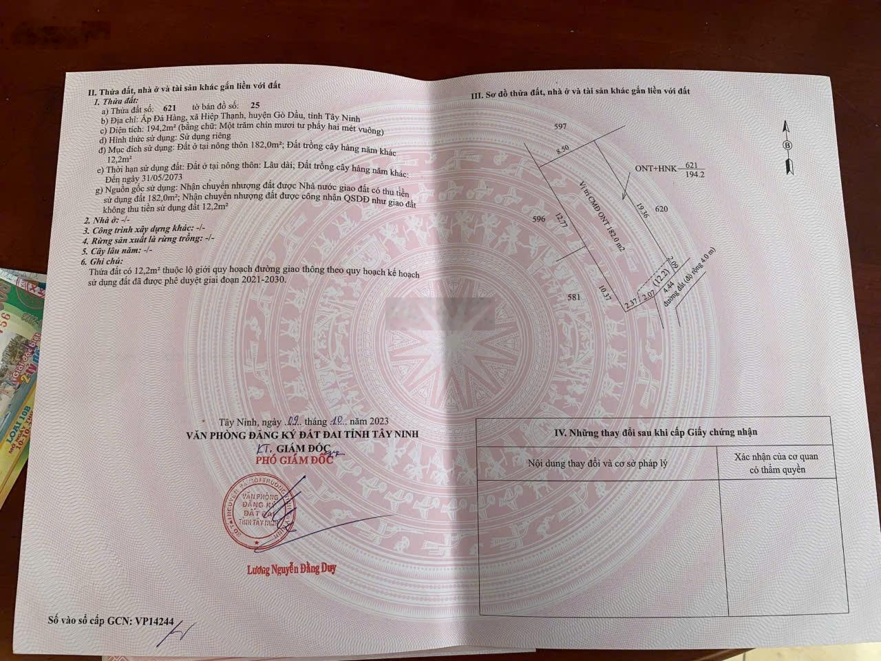 Đất 8.5x23 194m2 182m2 thổ 610tr sát bên KCN Hiệp thạnh, GD, Tây Ninh