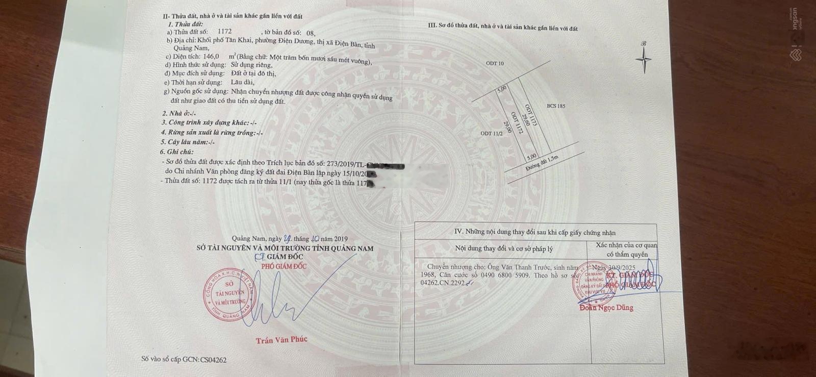 Chính chủ cần bán 435m2 (15m x 29m) sổ hồng đã tách ra 3 sổ (5mx29m) KP Tân Khai, Ph Điện Dương