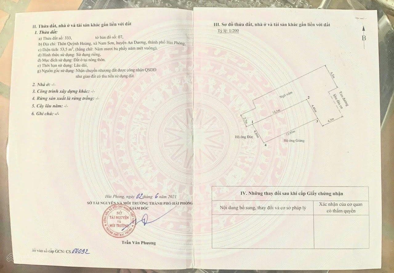 Bán lô đất 53m2 đường 9m nằm tuyến 2 Quỳnh Hoàng, Nam Sơn, An Dương Chỉ 1,86 tỷ