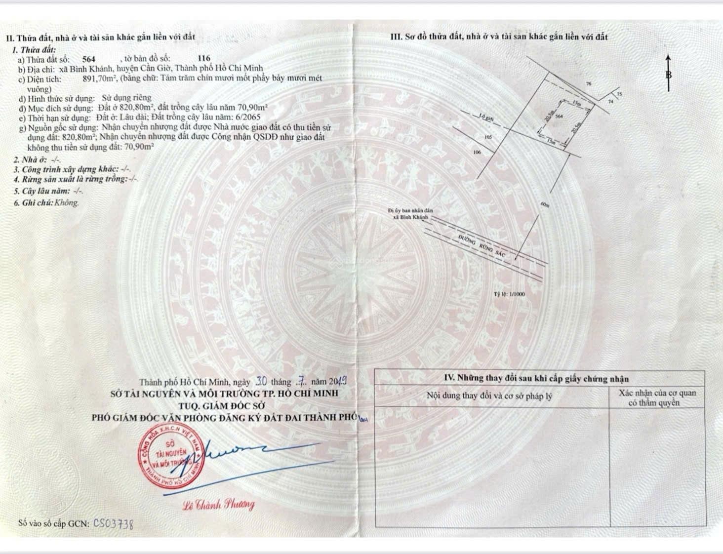 Bán gấp đất nền 890m2 tại Rừng Sác, 30 triệu/m2