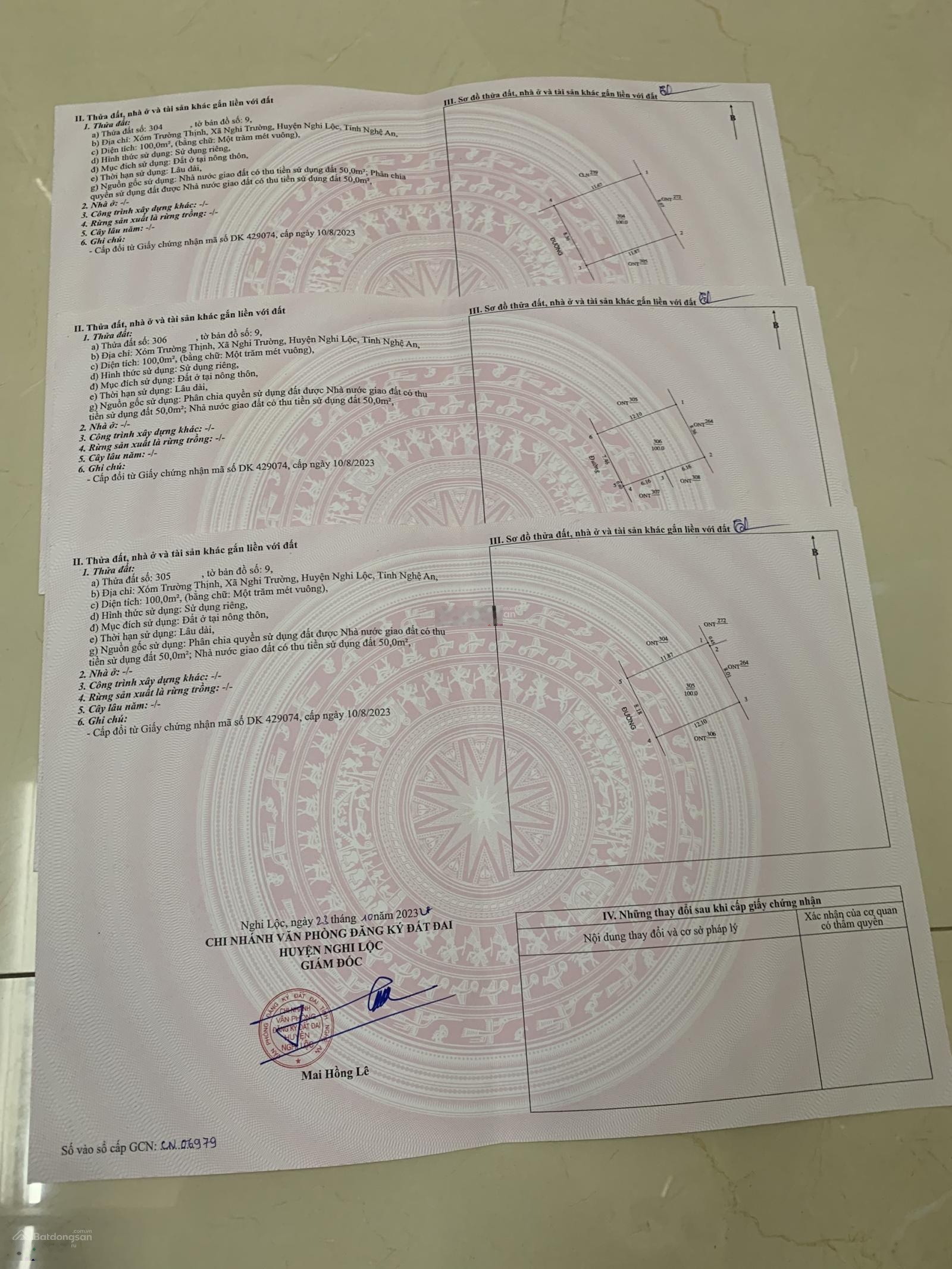 Chính chủ cần bán đất Nghi Trường, Nghi Lộc, Nghệ An Diện tích : 100m2 / 1 sổ ( 3 sổ tách biệt )