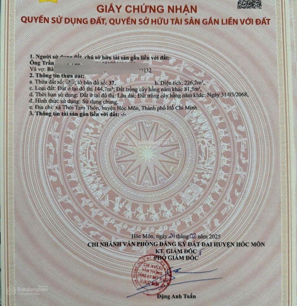 Đất 8,70 x 26 (226m2) Lô góc 2 mặt tiền đường Phùng Thị Chuyện (Sát chợ Thới Tứ)