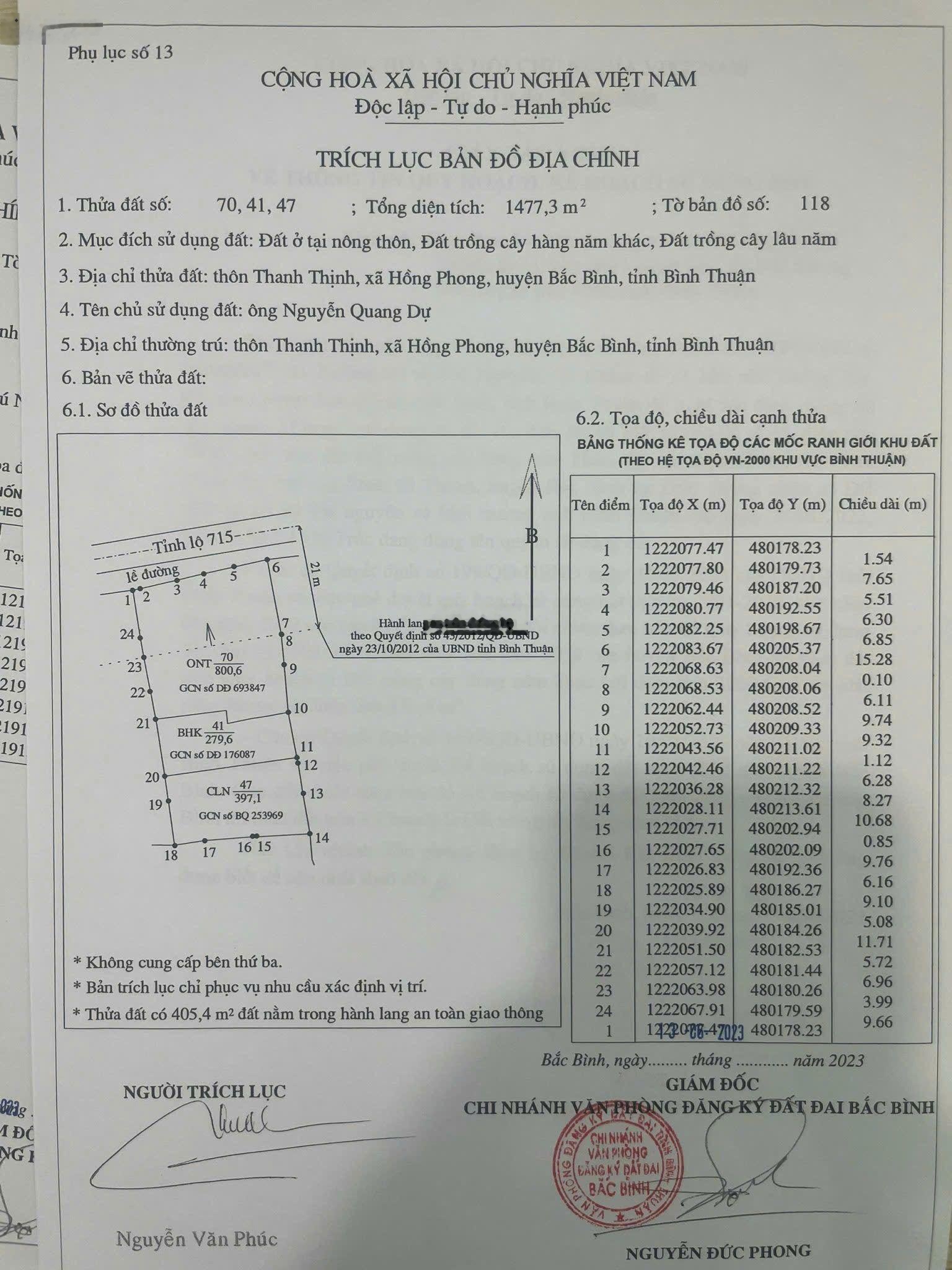 Bán Đất 1477m2 tại ĐT 715, Hồng Phong, Bắc Bình, Bình Thuận, chỉ với giá ưu đãi 3,5 tỷ VND