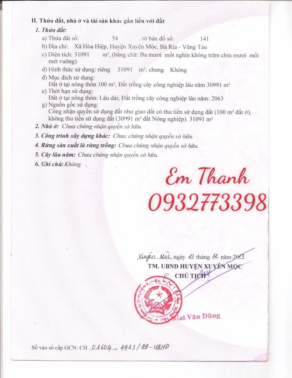 Bán đất hiếm tại Đường 1, Xã Hòa Hiệp, Xuyên Mộc, Bà Rịa Vũng Tàu, 62 tỷ, 31091 m2