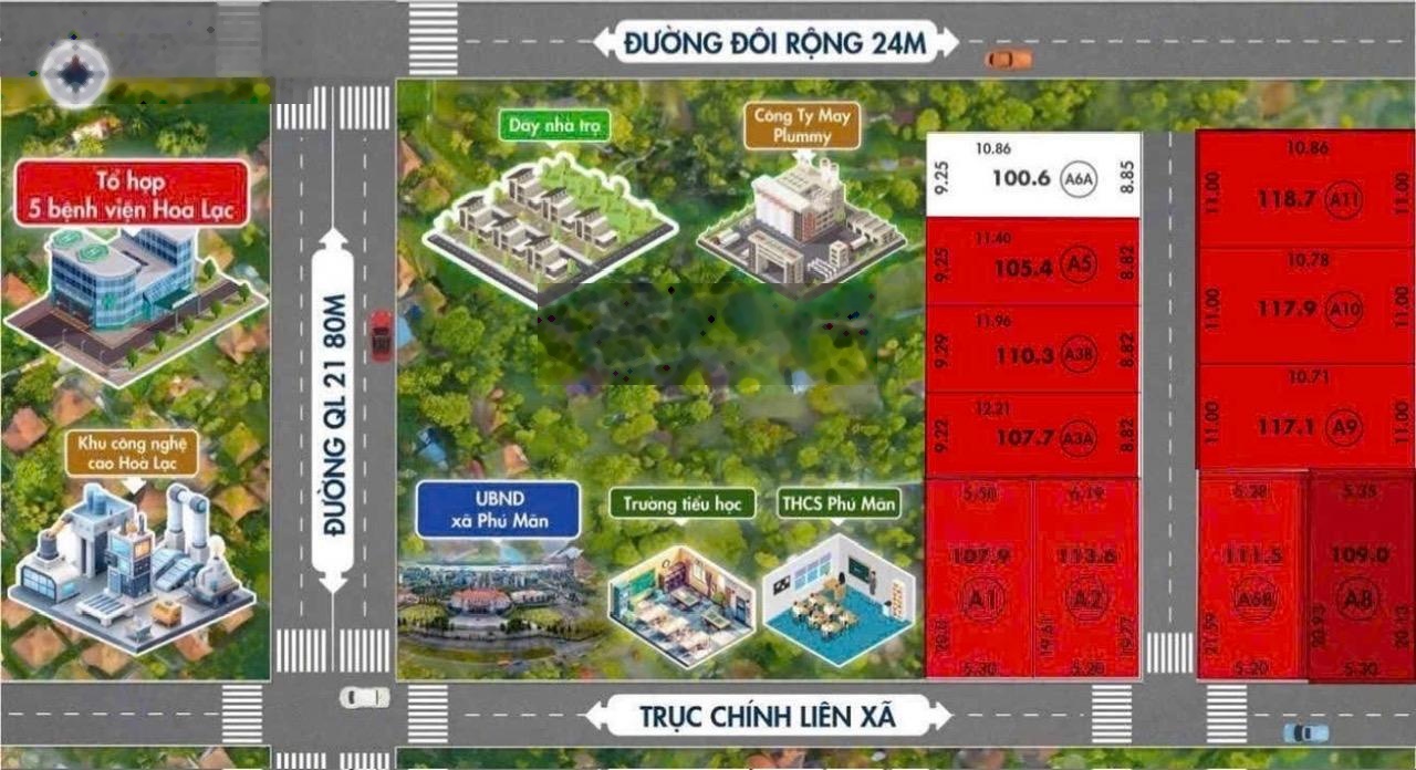 Phú mãn -hoà lạc -chỉ 1lô duy nhất 100m-full thổ cư-ô tô vào tận đất-gần quốc lộ 21