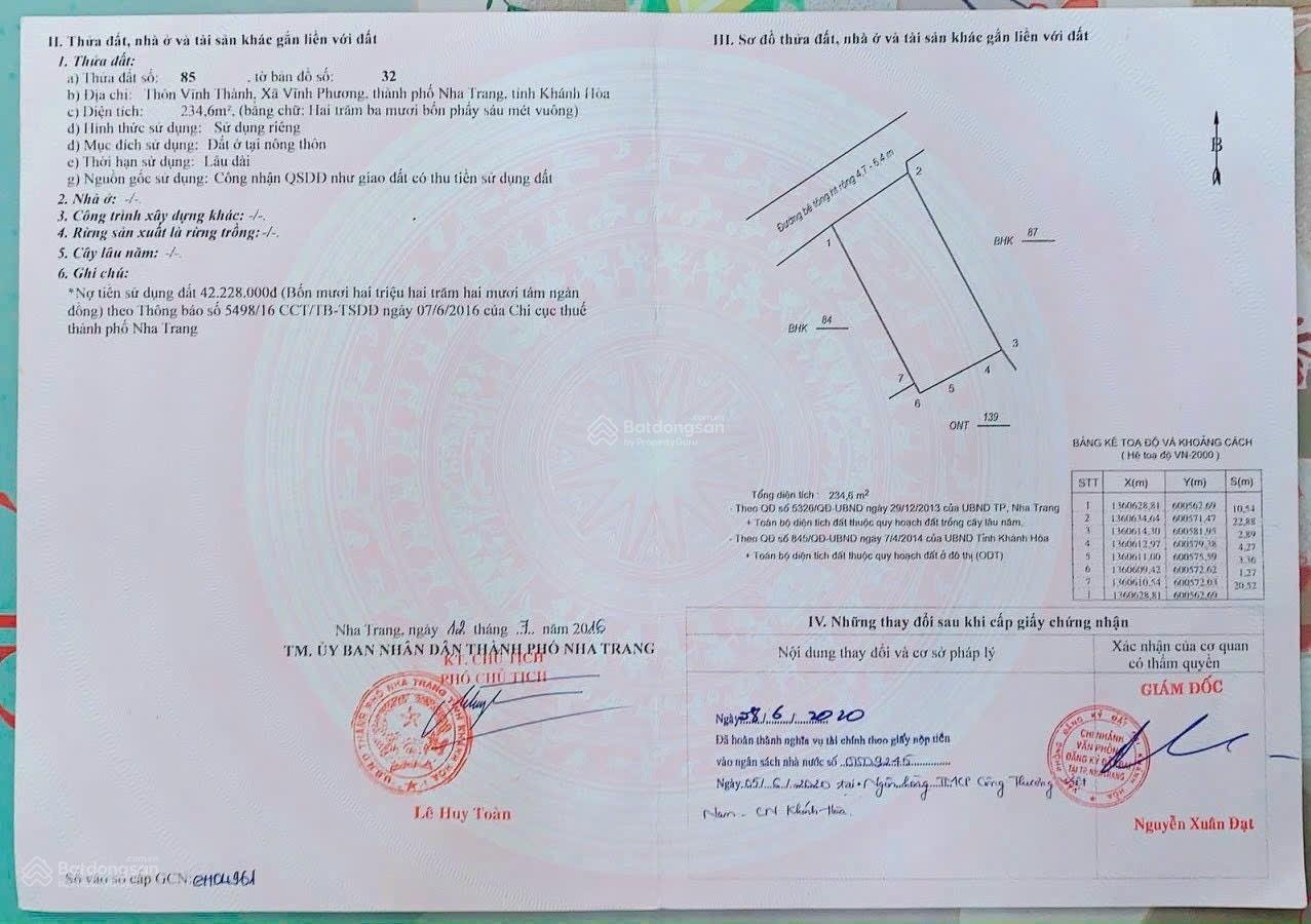 Lô đất cực đẹp, thôn Vĩnh Thành (xã Vĩnh Phương cũ), phường Bắc Nha Trang - 234,6m2 ngang 10,5m