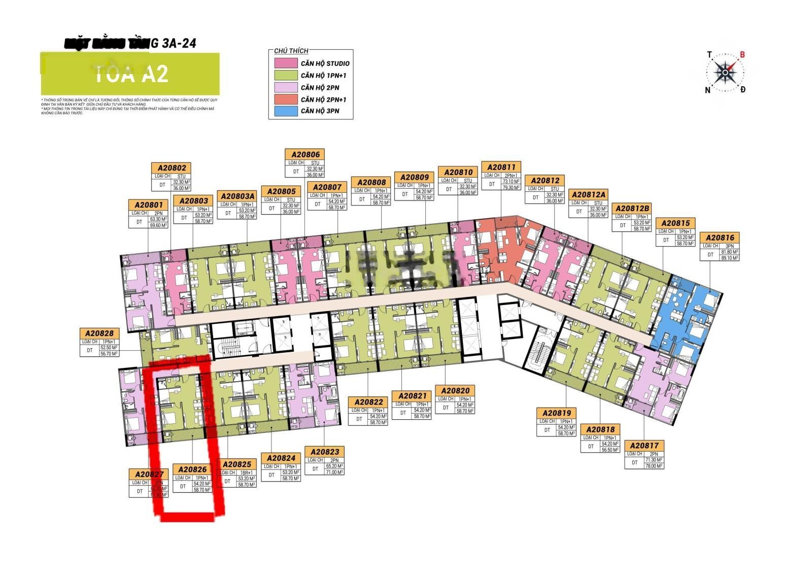 Căn 1PN+, A2.03.26 dự án Cora Tower, 54m, ban công Đông Nam, yên tĩnh, giá TTS chỉ 2.65 tỷ, từ CĐT