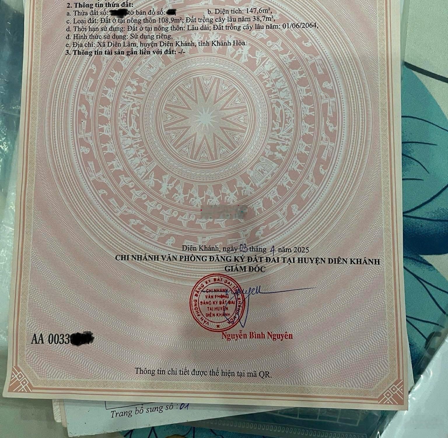 Đất trung tâm Diên Lâm, Diên Khánh, gần Tỉnh Lộ 8, đường Ôtô rộng 5m, DT 147,6m2. Giá: 750triệu