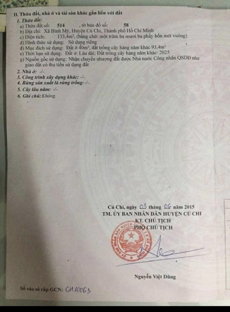 Cần bán gấp lô đất 133m2 xã Bình Mỹ, Củ Chi. Giá có thương lượng. SHR