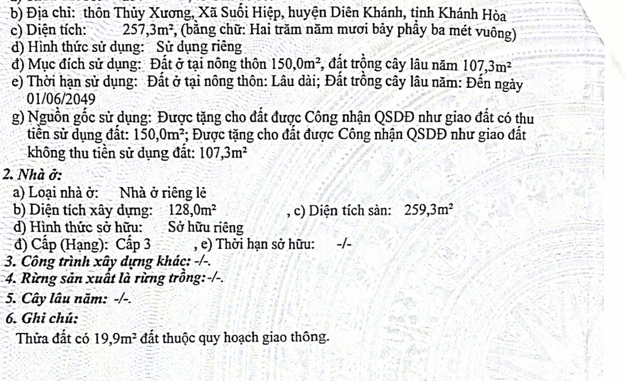 Nhà 1 trệt 1 lầu 232,5m2 = 2tỷ700 ngay THCS Ngô Quyền và UBND xã Suối Hiệp Diên Khánh, Khánh Hòa