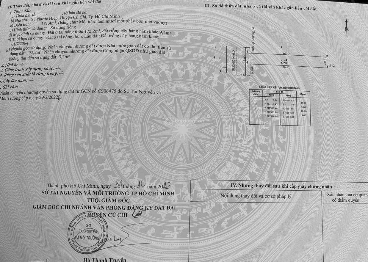 Cần bán gấp lô đất 181m2 giá 650tr ở đường Lê Thị Chừng xã Phước Hiệp Củ Chi- sổ hồng riêng