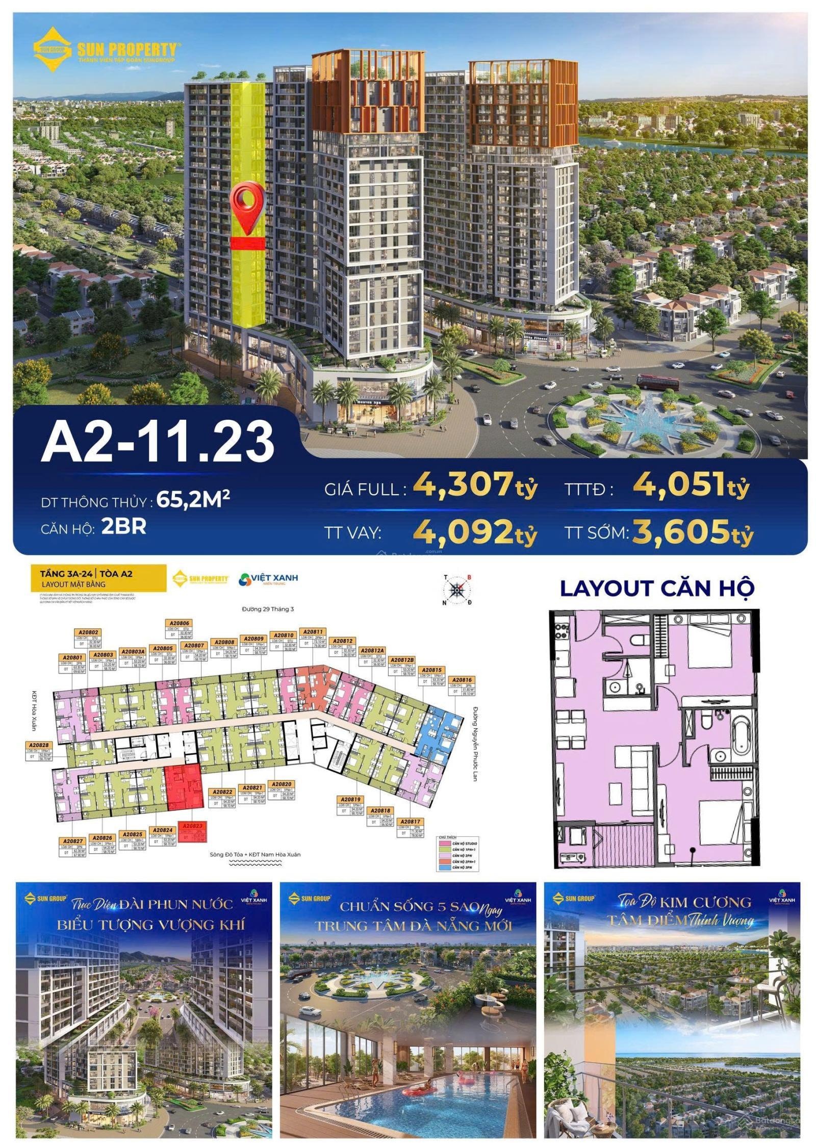 Chính chủ bán căn hộ 2 phòng ngủ góc mã căn 23 tầng 11 và 15 - dự án Sun Cora Tower tòa A2