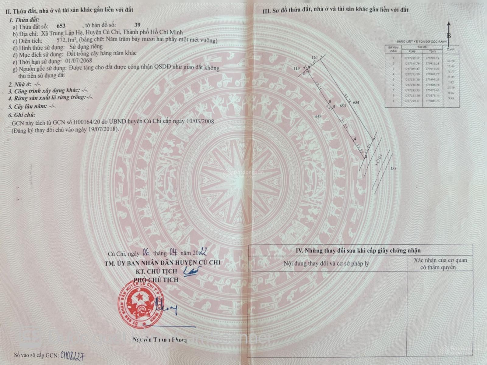 Tôi cần bán lô đất vườn 1/ Tỉnh Lộ 2 xã Trung Lập Hạ với(DT572m)giá 890tr.LH 0902850138 xem pháp lý