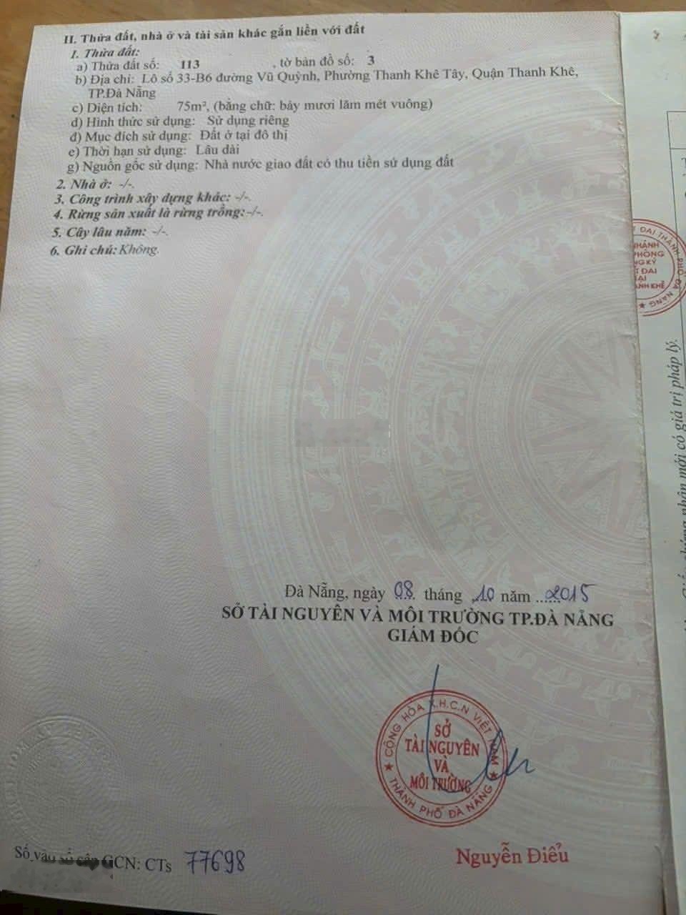 Bán đất mặt tiền Vũ Quỳnh sát biển Thanh Khê