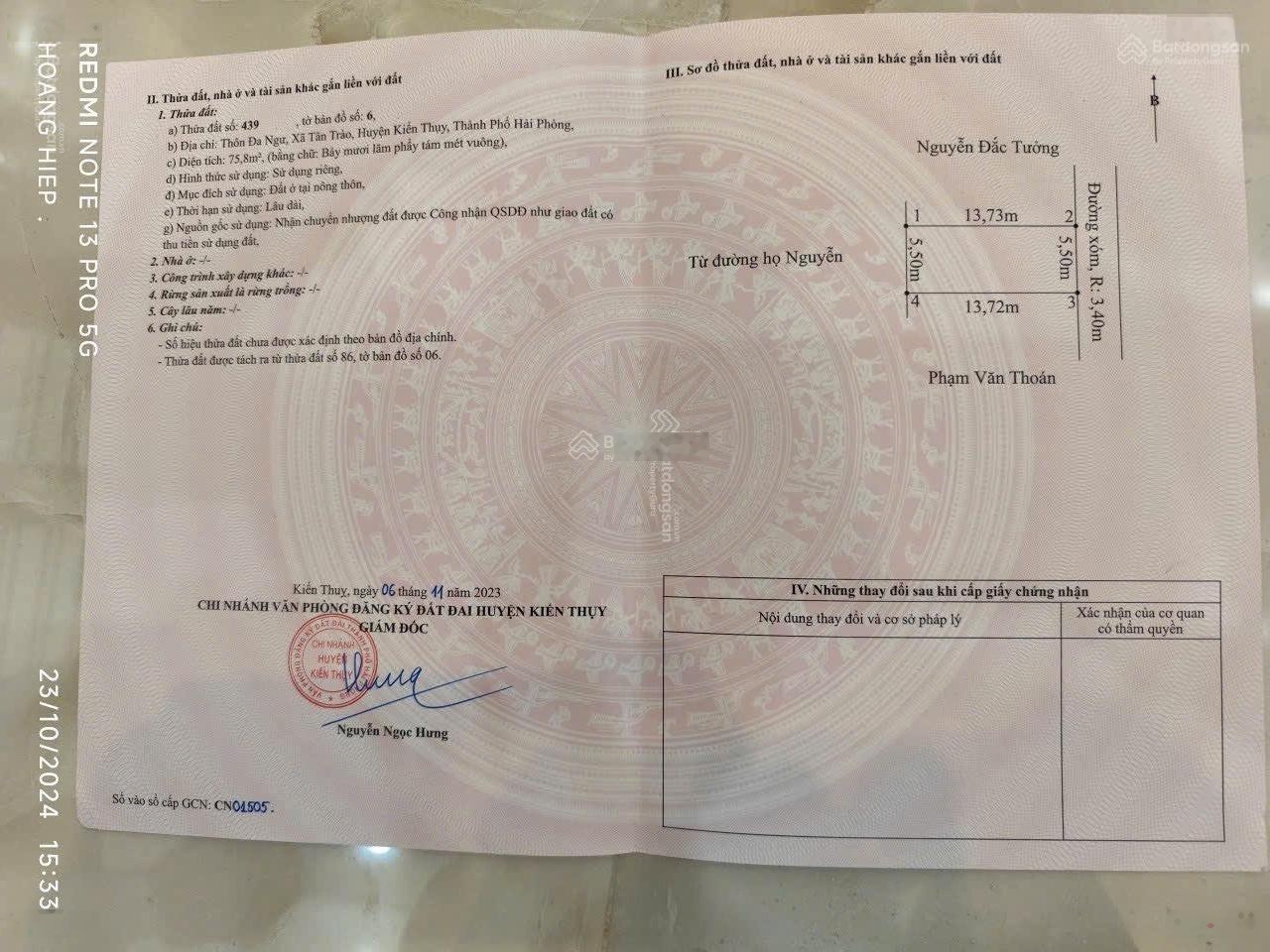 Bán lô đất đẹp giá tốt tại Đa Ngư, Tân Trào, Kiến Thụy, Hải Phòng