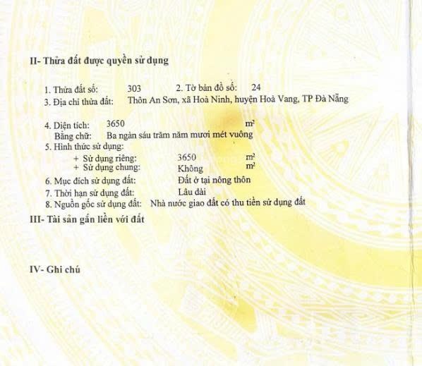 Bán đất 3650m2 tại Hòa Ninh, Hòa Vang, Đà Nẵng, 15 triệu/m2