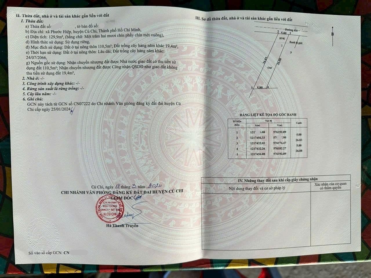 Cần bán gấp lô đất 130m2 giá 950tr đường Lê Thị Vui Xã Phước Hiệp Củ Chi gần trường sổ hồng riêng