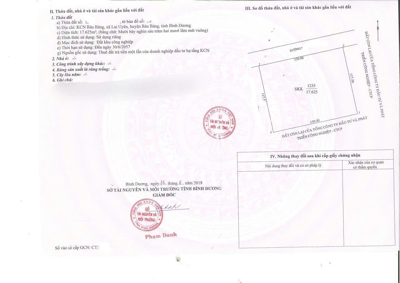 Bán đất KCN Bàu Bàng giá tốt - đã đóng tiền 1 lần thuận tiện vay Bank - hình thức CNTS