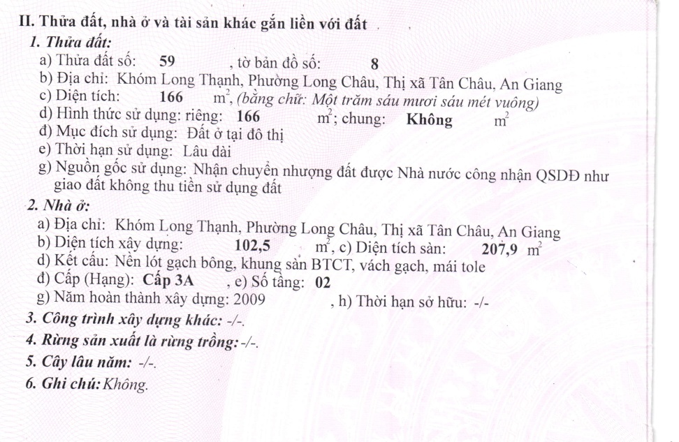 Bán 166m2 ODT tại P. Long Châu, TX. Tân Châu, T. An Giang