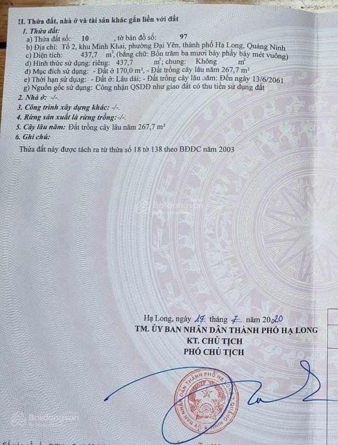 BÁN ĐẤT HẠ LONG PHƯỜNG ĐẠI YÊN 437,7m² SỔ ĐỎ CHÍNH CHỦ Chính chủ bán mảnh đất