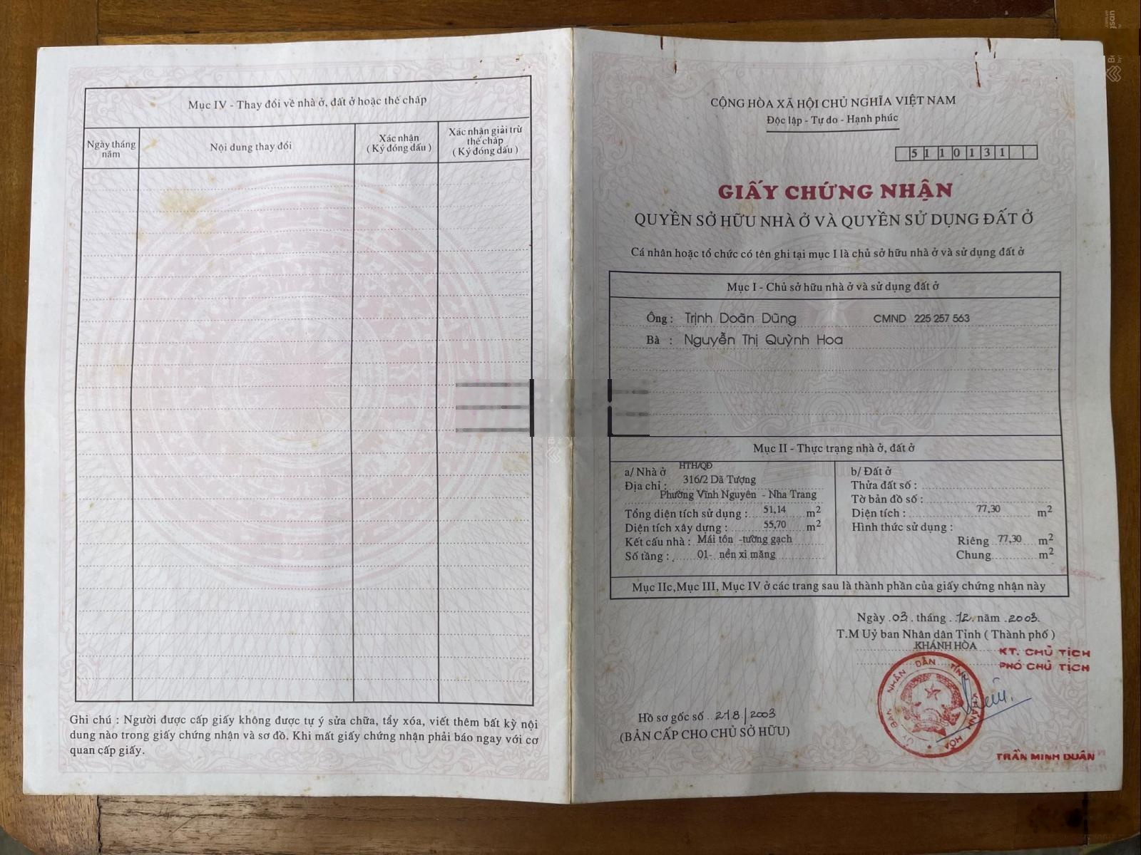 Diện tích 77m2, chính chủ bán. Đ/c: 326/2 Dã Tượng, P Nha Trang, Khánh Hoà