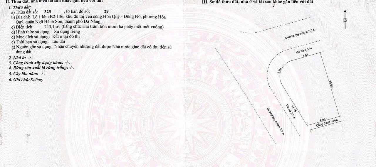 Lô Góc 243 m2 Nam Hoà Xuân Hoà Quý