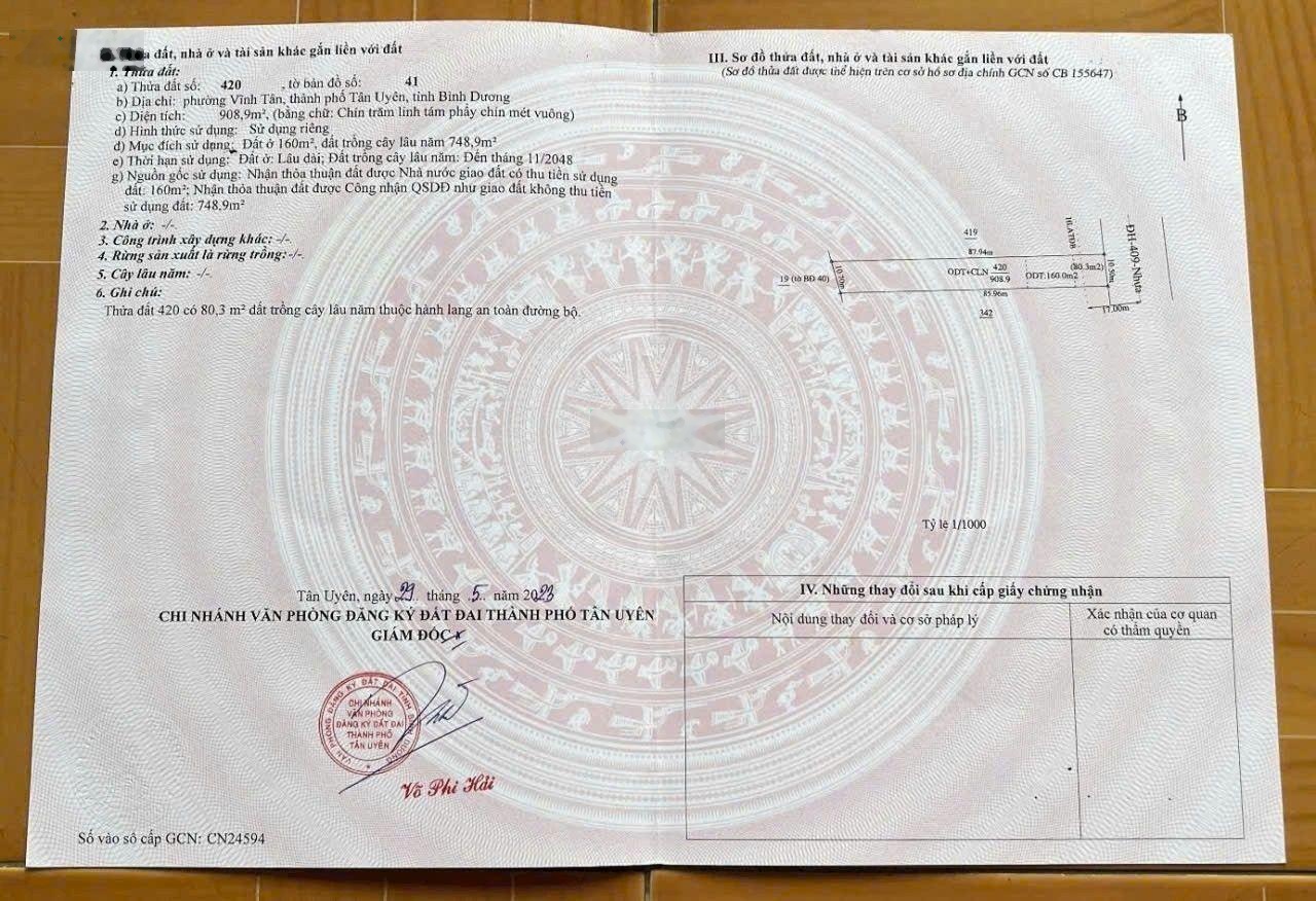 Cần bán gấp lô đất đẹp mặt tiền đường DH409 tại Tân Uyên, Bình Dương