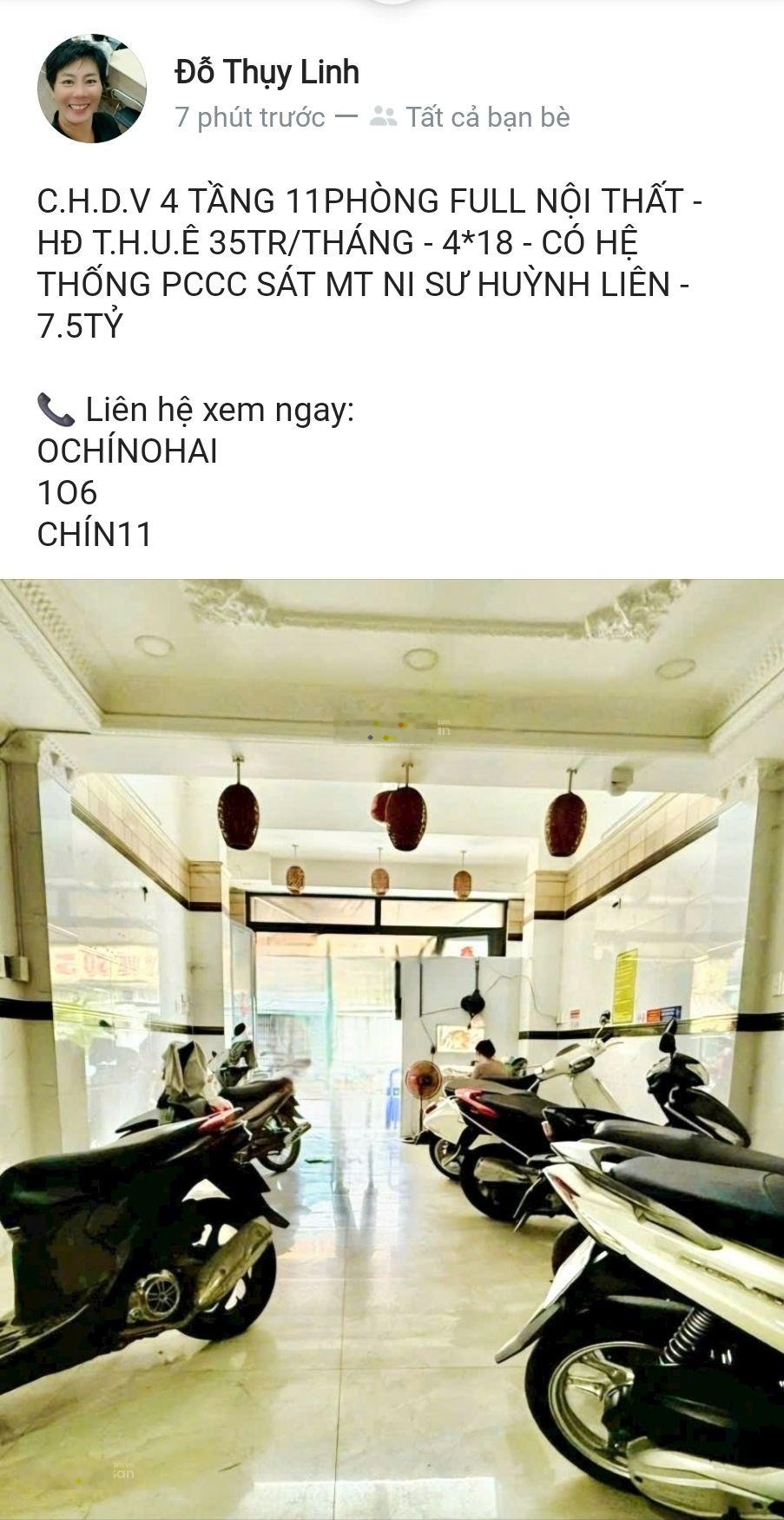 C.h.d.v 4 tầng 11phòng full nội thất - hđ t.h.u.ê 35tr/tháng - 4*18 - có hệ thống pccc sát mt ni sư