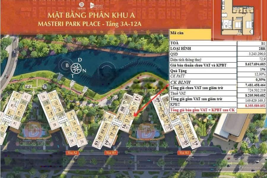 Bán Căn hộ chung cư Masteri Park Place, 8,3 tỷ( full vat) 79m2, view đẹp, lh ms 0943549499