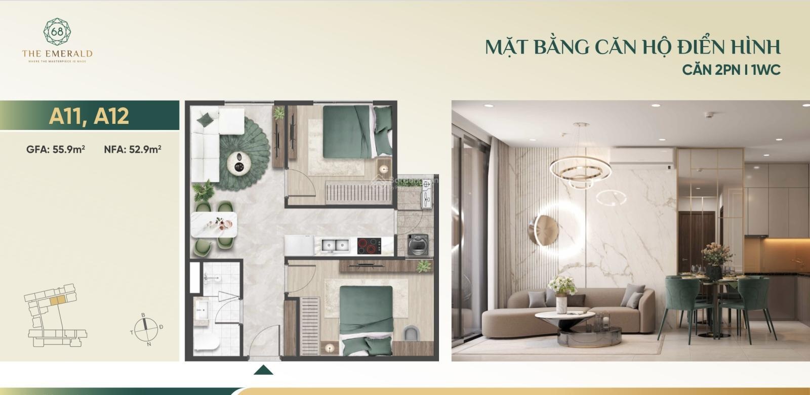 Sang HĐMB căn 2PN EMERALD 68 có hỗ trợ vay - thanh toán 620 triệu nhận nhà T10/2026