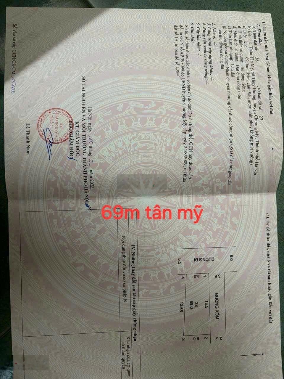 Bán đất 69m2 Tân Mỹ Chương Mỹ áp chợ ô tô vòng quanh 2 mặt thoáng giá 3 tỷ