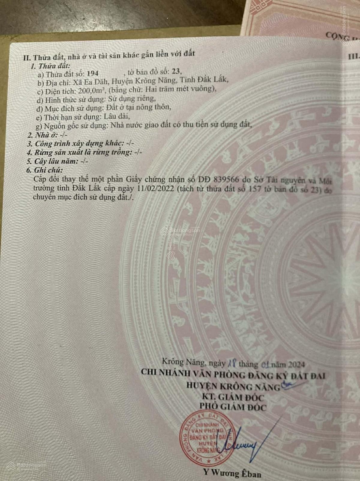 Bán đất trục đường liên xã Phú Xuân - Ea Dăh, Đắk Lắk. DT 30x46m có 200m2 thổ cư